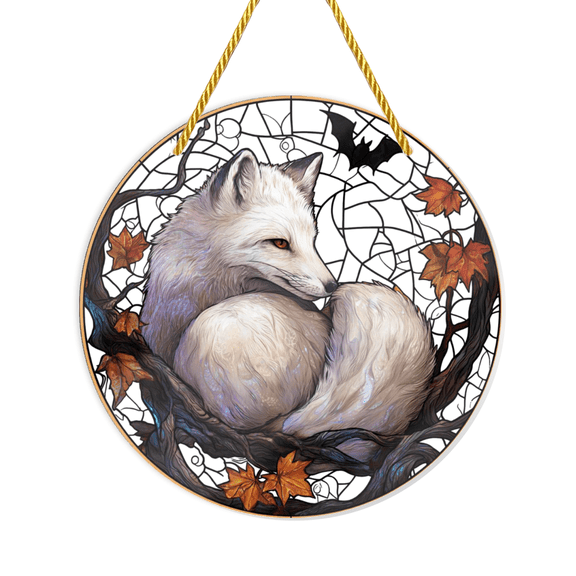 White Fox Curled up on Autumn Leaves Acrylic Suncatcher, Decorative Sign and Plaque, Home Decoration Hanging Ornament, Exquisite Decorative Piece, Featuring Dreamy Light and Shadow with