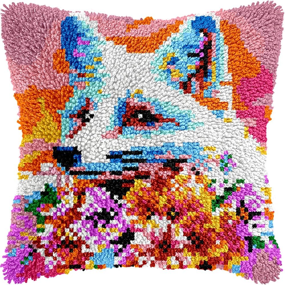 White Fox & Flowers Latch Hook Kits Pillow kits Cushion Throw Pillow Embroidery Craft Kits DIY Kits of DIY Hooking Pillowcase Cover Supplier with Color Printed Canvas 43x43cm (195)