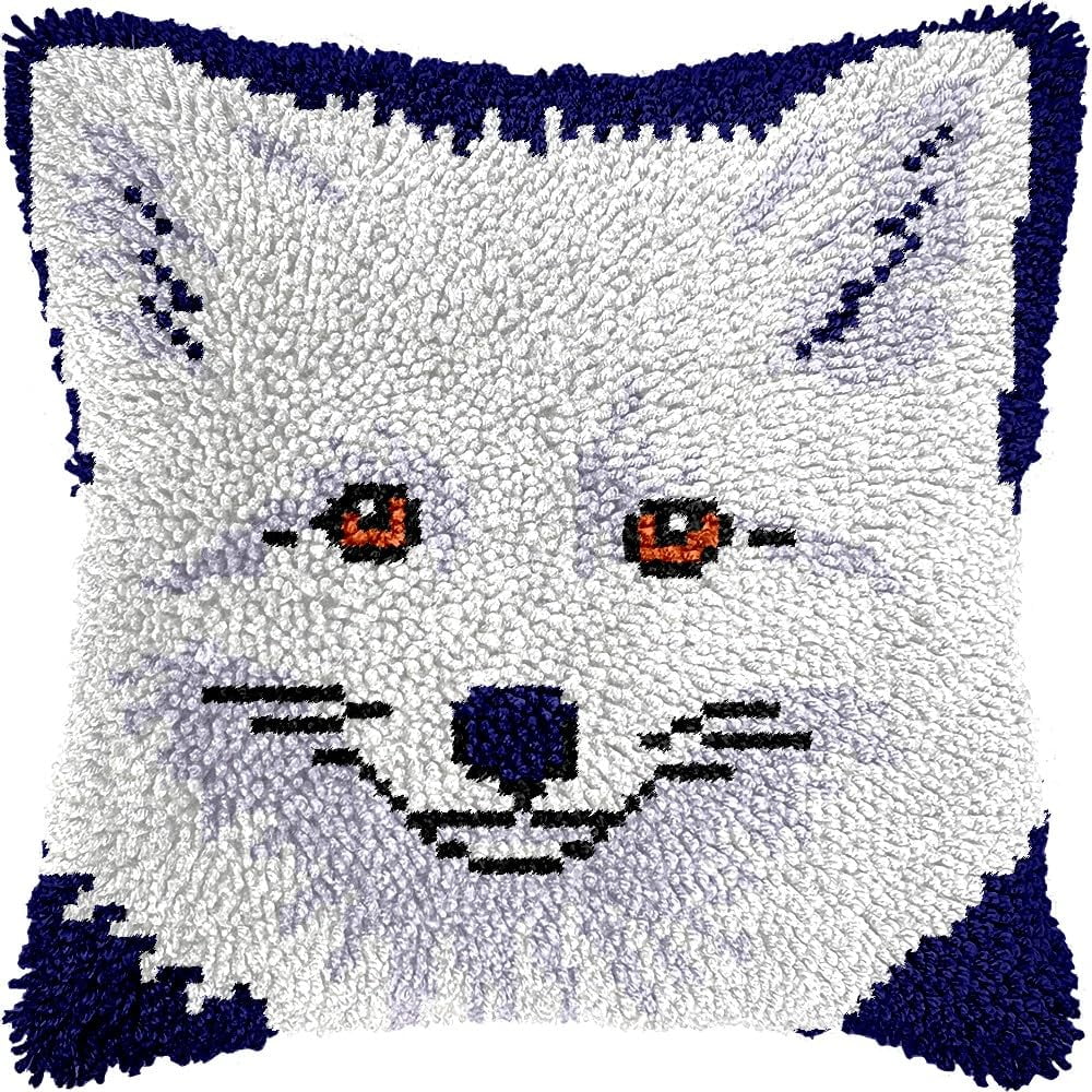 White Fox Latch Hook Kits Pillow kits Cushion Throw Pillow Embroidery Craft Kits DIY Kits of DIY Hooking Pillowcase Cover Supplier with Color Printed Canvas 43x43cm (235)