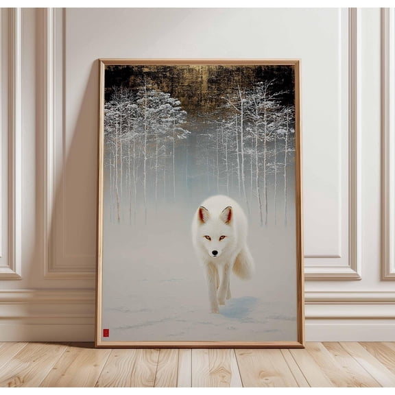 White Fox Snow Forest Winter Animal Japanese Minimalist Decor Art Unframed Paper Print