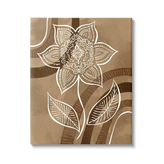 White Fractal Mandala Flower Blossom Brown Stripes Botanical & Floral Graphic Art Gallery-Wrapped Canvas Print Wall Art