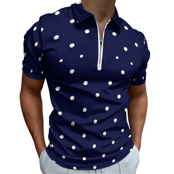 White Free Polka Dots on Navy Blue Background Men Zipper T-shirt Summer Casual Short Sleeve T-shirt Top