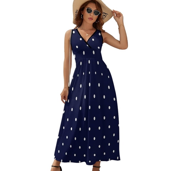 White Free Polka Dots on Navy Blue Background Womens Night Club Maxi Dress V Neck Sleeveless Bohemia Long Dresses