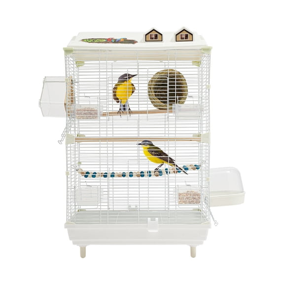 White Free Standing 2-Tier Bird Cage, Decorative House Style Bird Habitat with Complete Accessories for Small Parakeets, Budgies and Canaries(A)
