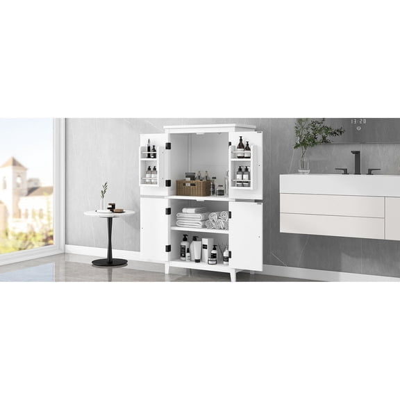 White MDF Bathroom Floor Storage Cabinet with 4 Doors and Adjustable Shelves | Ample Space for Hairdryer, Towels