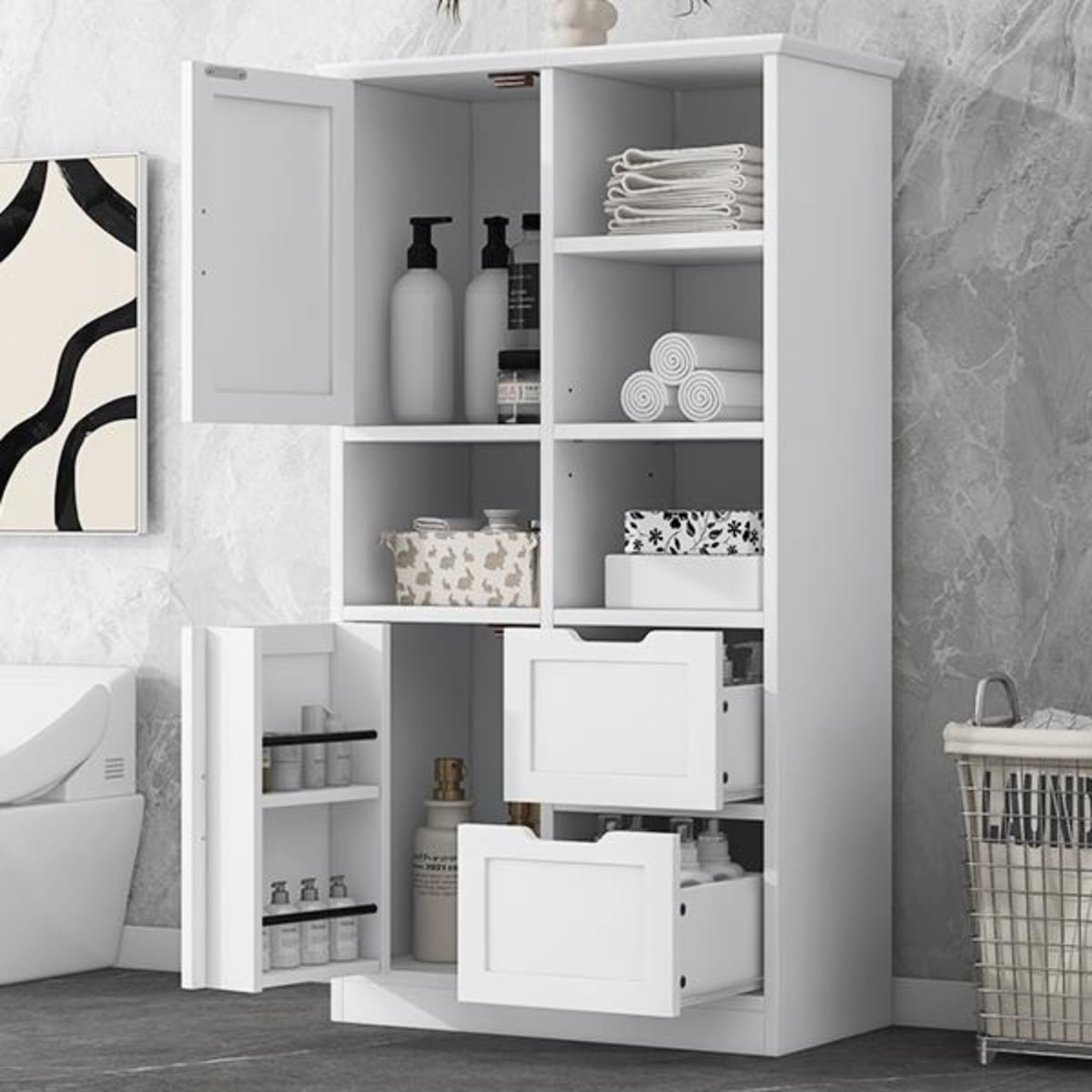 White Freestanding Bathroom Storage with Doors Drawers and