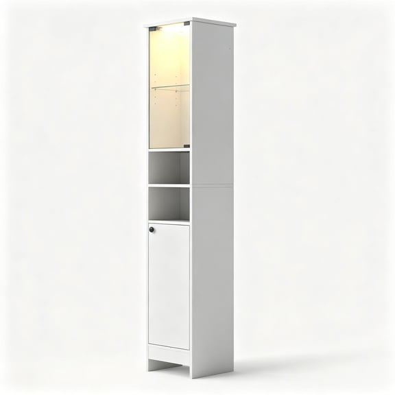 White Freestanding Bathroom Tall Storage Cabinet with Dimmable LED Light & Remote Control, Narrow 12x12 Inch Linen Tower Engineered Wood Organizer with Glass Door Adjustable Shelves Anti-Tip Design
