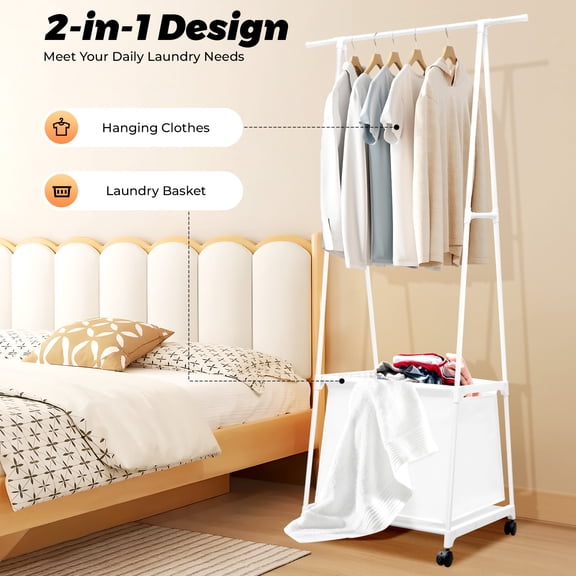 White Freestanding Clothes Rack with Wheels & Storage Basket 55x42x160cm Garment Rack for Bedroom, Laundry Room
