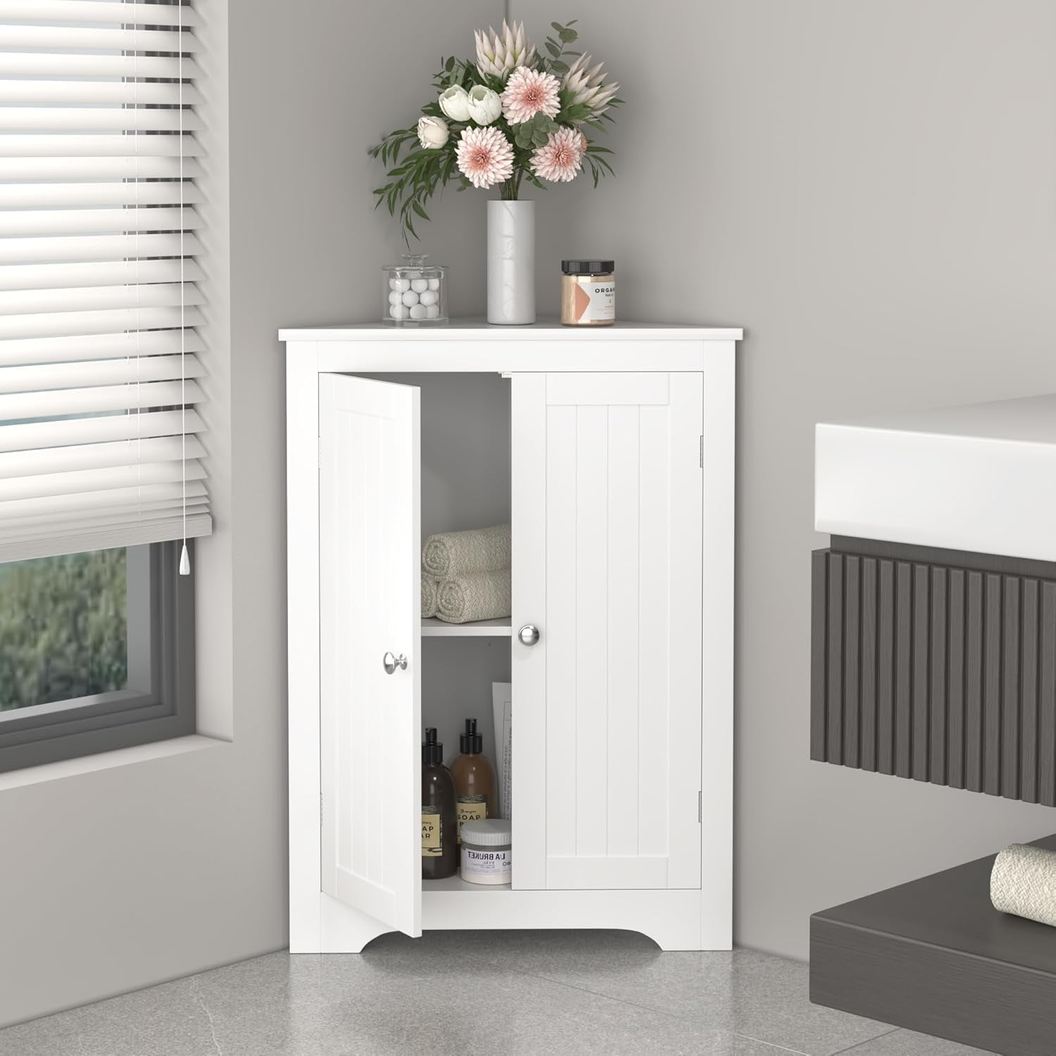 White Freestanding Corner Storage Cabinet with 2 Doors Adjustable ...