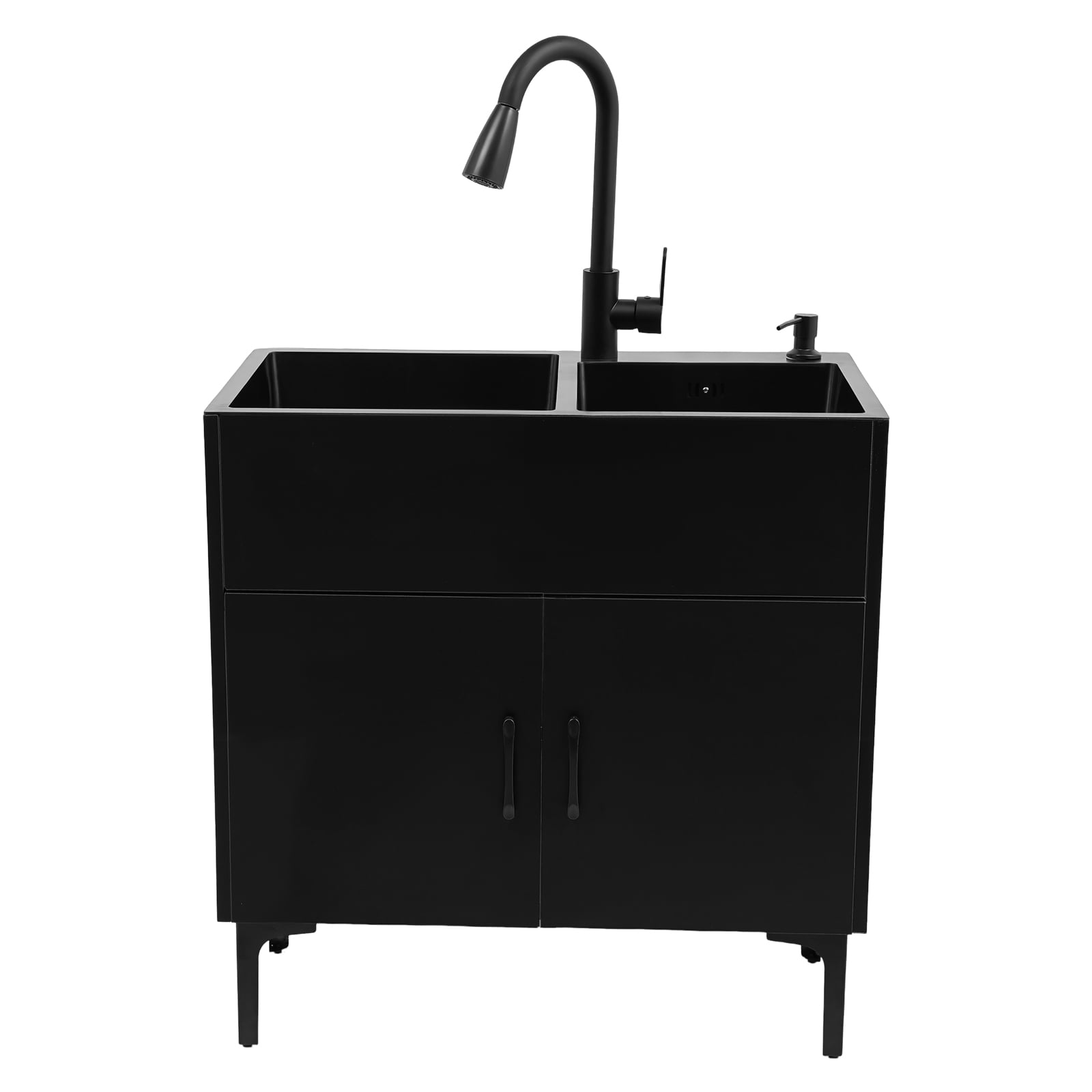 White Freestanding Double Kitchen Sink with Cabinet, Pull-Out Faucet, Soap Dispenser, Basket, 201 Stainless Steel & Wood, Black, 29.5"x16.1"x30.7" Complete Utility Set for Home or Business