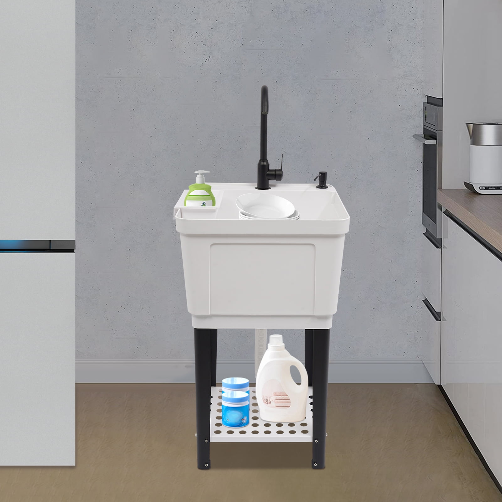 White Freestanding Laundry Utility Sink with Storage Rack & Faucet 50x48x84cm Basin for Bathroom, Garage