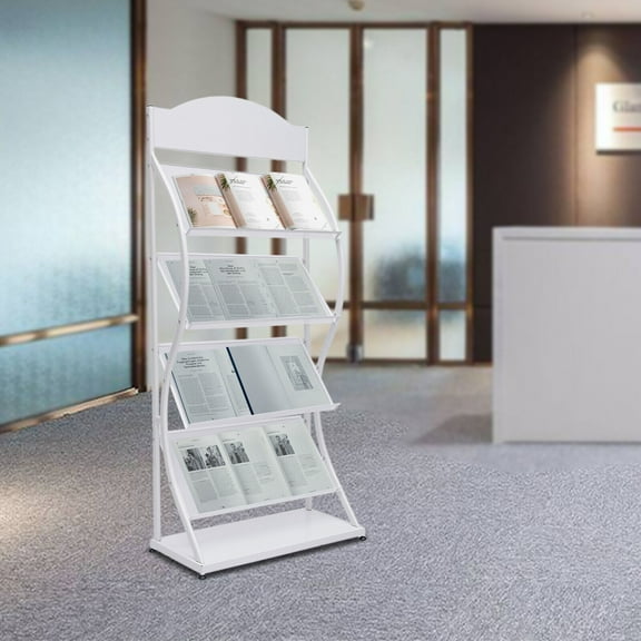 White Freestanding Magazine Rack Iron 4 Tier Home Office Comic Display Organizer Stand