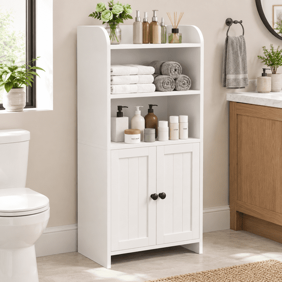 Comparrtment White Freestanding Small Bathroom Storage Cabinet with Open Shelves and ...