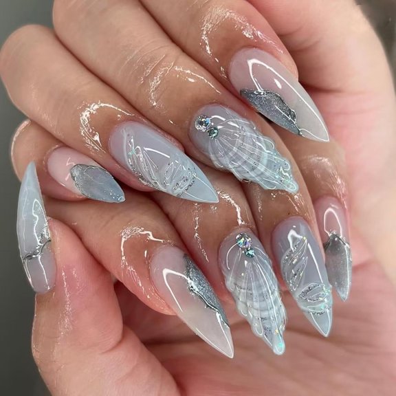 White French Tip Press on Nails Gold Line Fake Nails Medium Almond False Nails with Design Nude Glue on Nails Artificial Acrylic Full Cover Glossy Stick on Nails for Women Manicure 24Pcs MH18 0.04 Fl