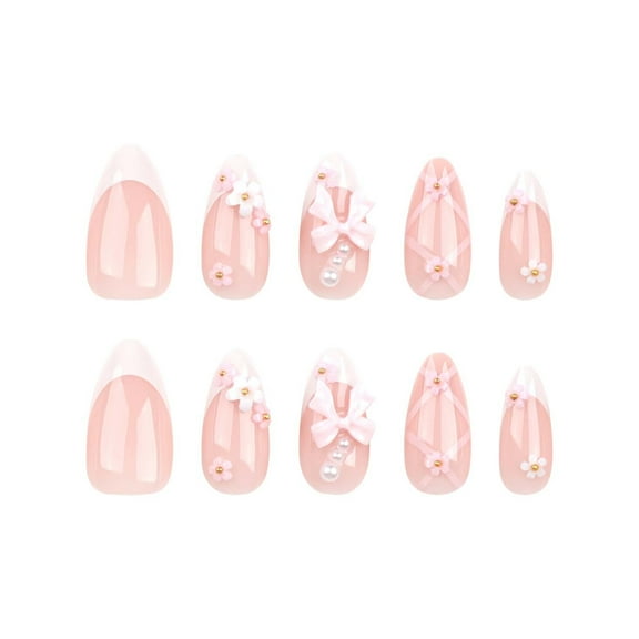White French Tip Press on Nails Short Almond Fake Nails with Bow Pearl Flower Charm Designs Light Pink Full Cover Glue on Nails Press ons Cute Acrylic False Nails for Women Girls 24 Pcs