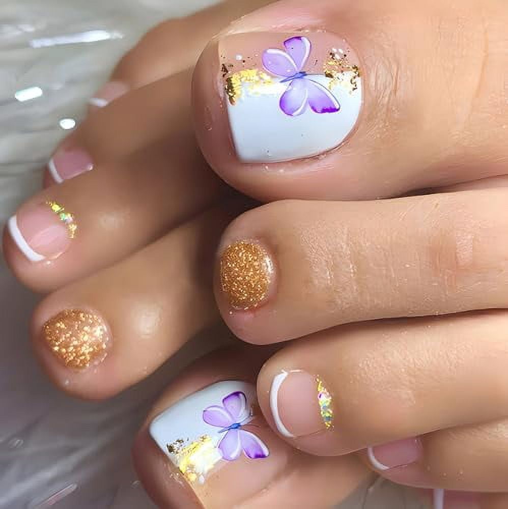 White French Tip Press on Toenails Short Square Fake Toe Nails Summer Butterfly False Toenails Gold Glitter Toe Nails Press ons Cute Toenails for