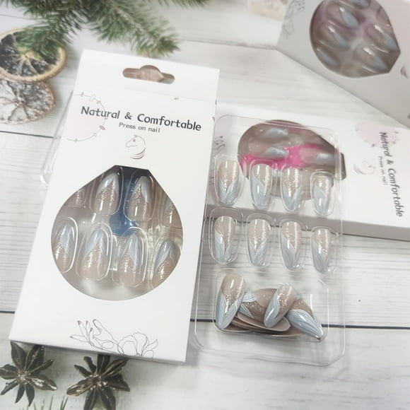 White French Tips Press on Nails with Mermaids Style Medium Almond False Nails 24 Pcs Glossy Silver Glitter Acrylic Fake Nails Gel Glue on Nails Curve Line Stick on Nails for Coquette Women Girls