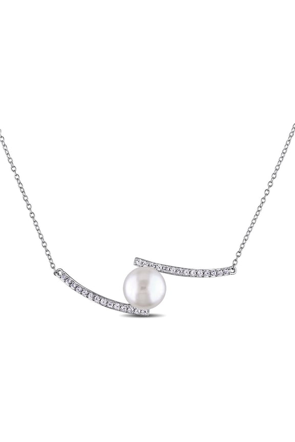 White Freshwater Cultured Pearl 10-10.5mm and Created White Sapphire Bypass Necklace In Sterling Silver for Women