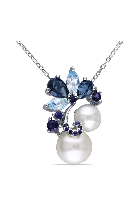 White Freshwater Cultured Pearl with London & Sky-Blue Topaz, Sapphire Pendant Necklace Sterling Silver for Women