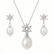 925 Sterling Silver Freshwater Pearl Necklace and Earrings Set for Women, 9-10mm White Teardrop Pearl Jewelry for her