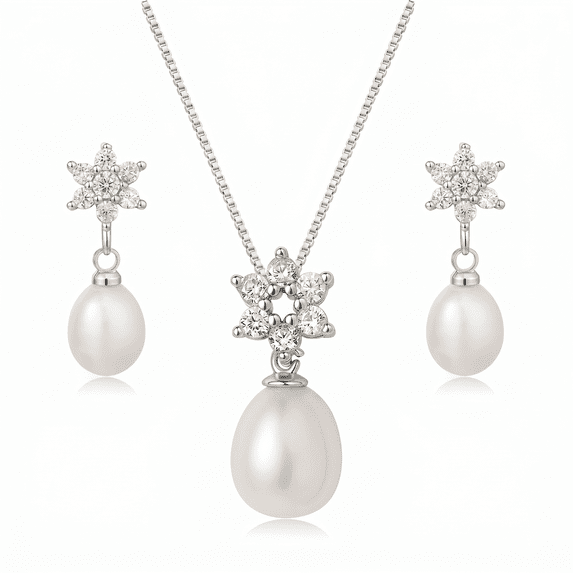 Yami 925 Sterling Silver Freshwater Pearl Necklace and Earrings Set for Women, 9-10mm White Teardrop Pearl Jewelry for her