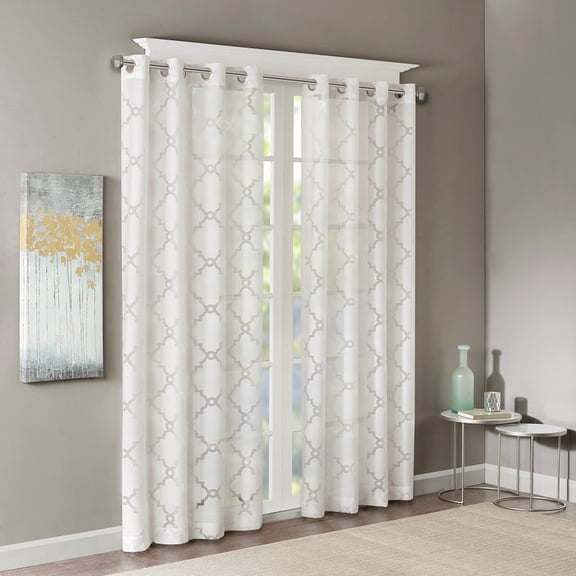 White Fretwork Burnout Sheer Curtain Panel with Grommet Top