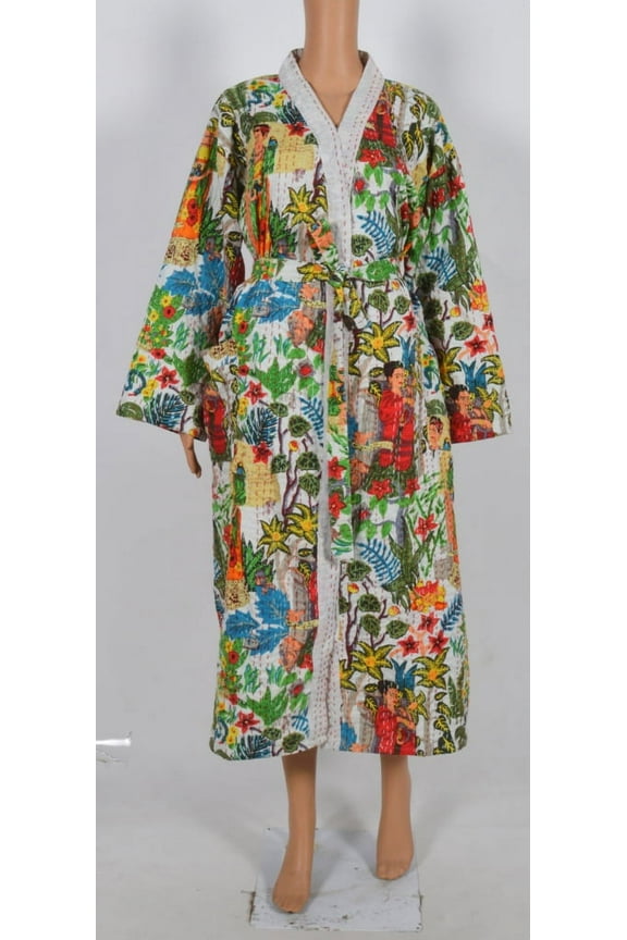White Frida khalo kantha jacket, Indian handmade japanese kimono style kantha robe, Winter jacket, tie belt coat