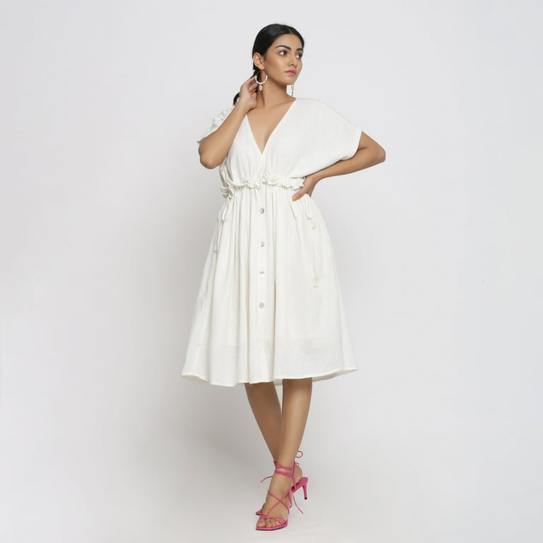 White Cotton Knee Length Frilled Bohemian Dress: Summer Chic