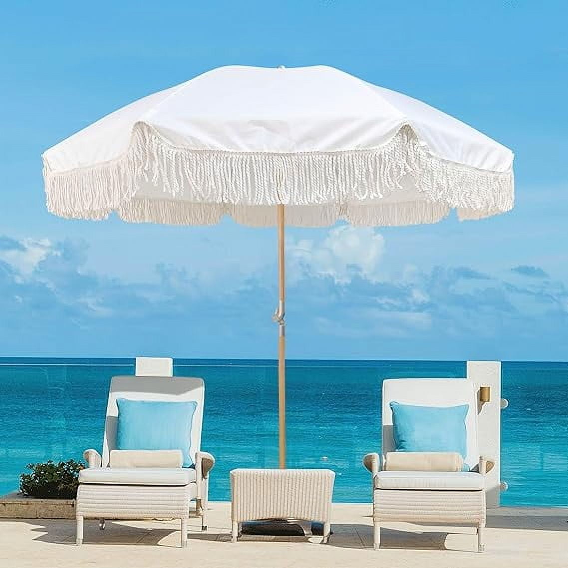 White Fringe 7' Boho Beach Umbrella, UPF 50+ Waterproof, Adjustable Tilt, Beechwood Pole