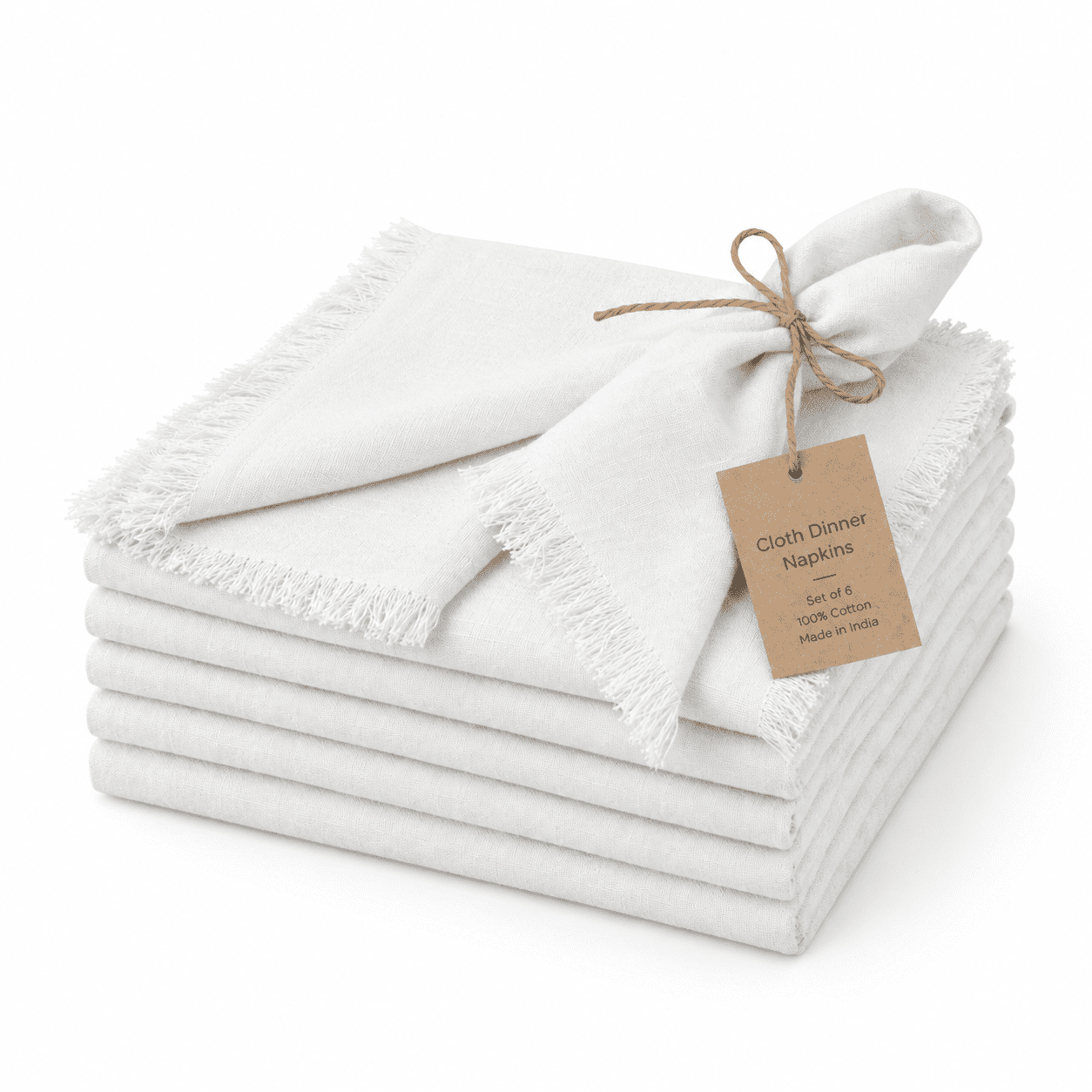 White Fringe-Edge Cotton Cloth Dinner Napkins, Set of 6, 20