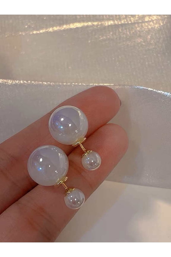 White Front Back Double Pearl Stud Earrings With Goldtone Setting For Women