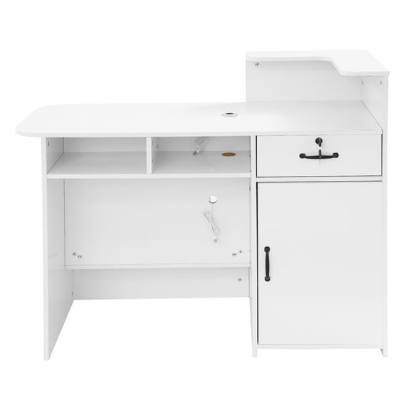 White Front Reception Desk with Counter & Storage Shelves Modern Reception Desk with 2 LED Lights & Lockable Drawer, Retail Checkout Counter with USB Ports for Salon, Checkout, Office