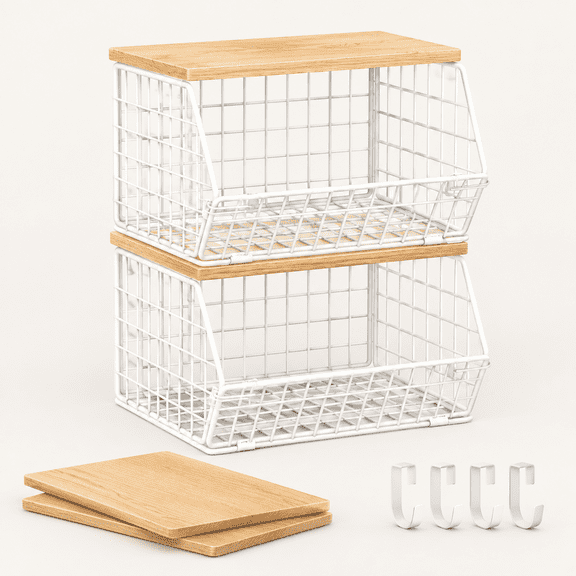 White Fruit Bowl, 2-Tier Fruit Basket for Kitchen Counter, Stackable Wall Mounted Veggie Storage, Snack Organizer, Potato and Onion Storage Basket, Hanging Pantry Organizer with Wood Lid, 2 Set