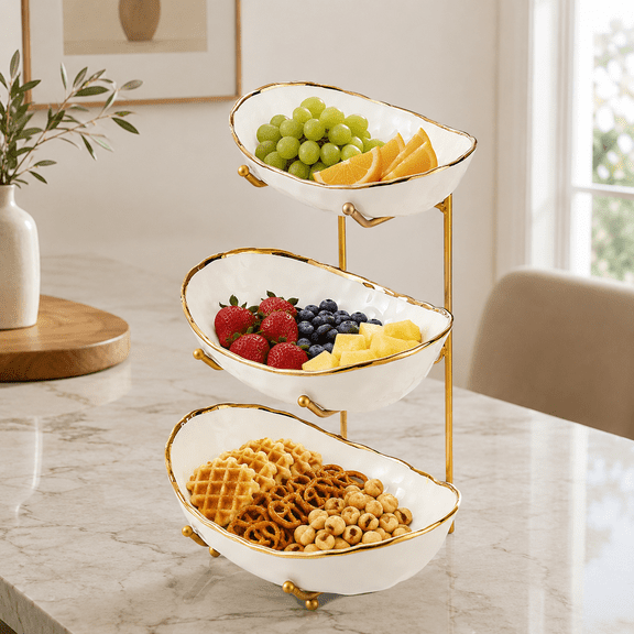 White Fruit Bowl with Gold Metal Stand, 3 Tier Modern Ceramic Fruit Bowl Fruit Rack for Kitchen Counter, Tiered Fruit Basket for Snacks Bread Candy Storage (White,3 Tier)