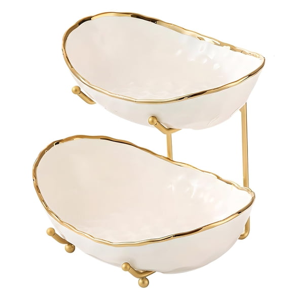 White Fruit Bowl With Metal Stand 2 Tier Modern Ceramic Rack For Kitchen Counter Tiered Basket Snacks Bread Candy Stor(white A 2