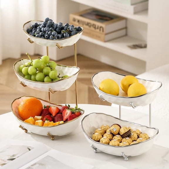 White Fruit Bowl with Gold Metal Stand, Modern Ceramic Fruit Bowl Fruit Rack for Kitchen Counter, Tiered Fruit Basket for Snacks Bread Candy Storage