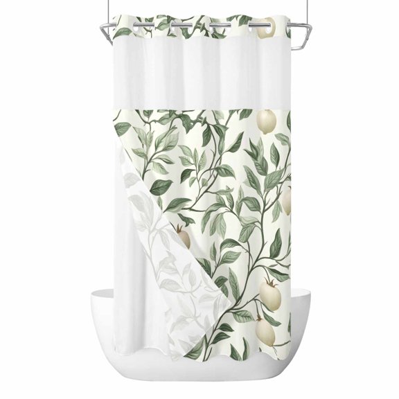 White Fruit No Hooks Shower Curtain with Snap-in Liner Green Leaf Vintage Country Style Spring Shower Curtains for Bathroom, Waterproof, Easy Install, Washable 36"x72"