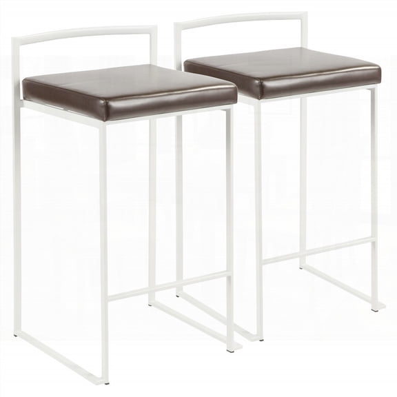 White Fuji Contemporary Stackable Counter Stools - 2-Pack with Brown Faux Leather Cushion and Welded Frame