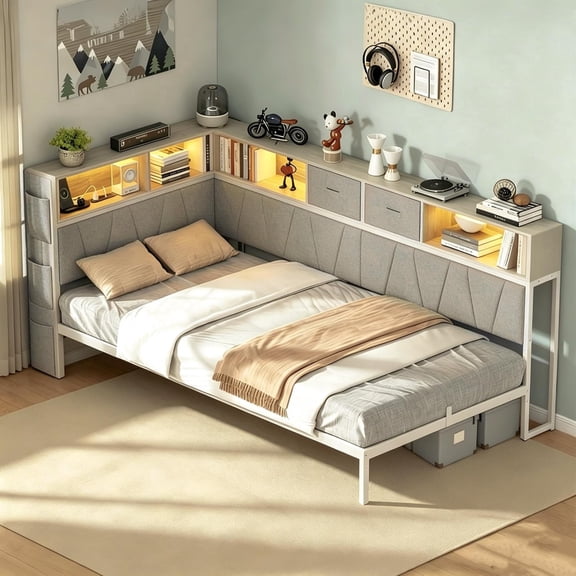 White Full Bed Frame with Reversible LED L-Shaped Upholstered Headboard | Reversible LED L-shaped headboard, padded upholstery, side storage pockets, solid metal frame, multi-compartment storage