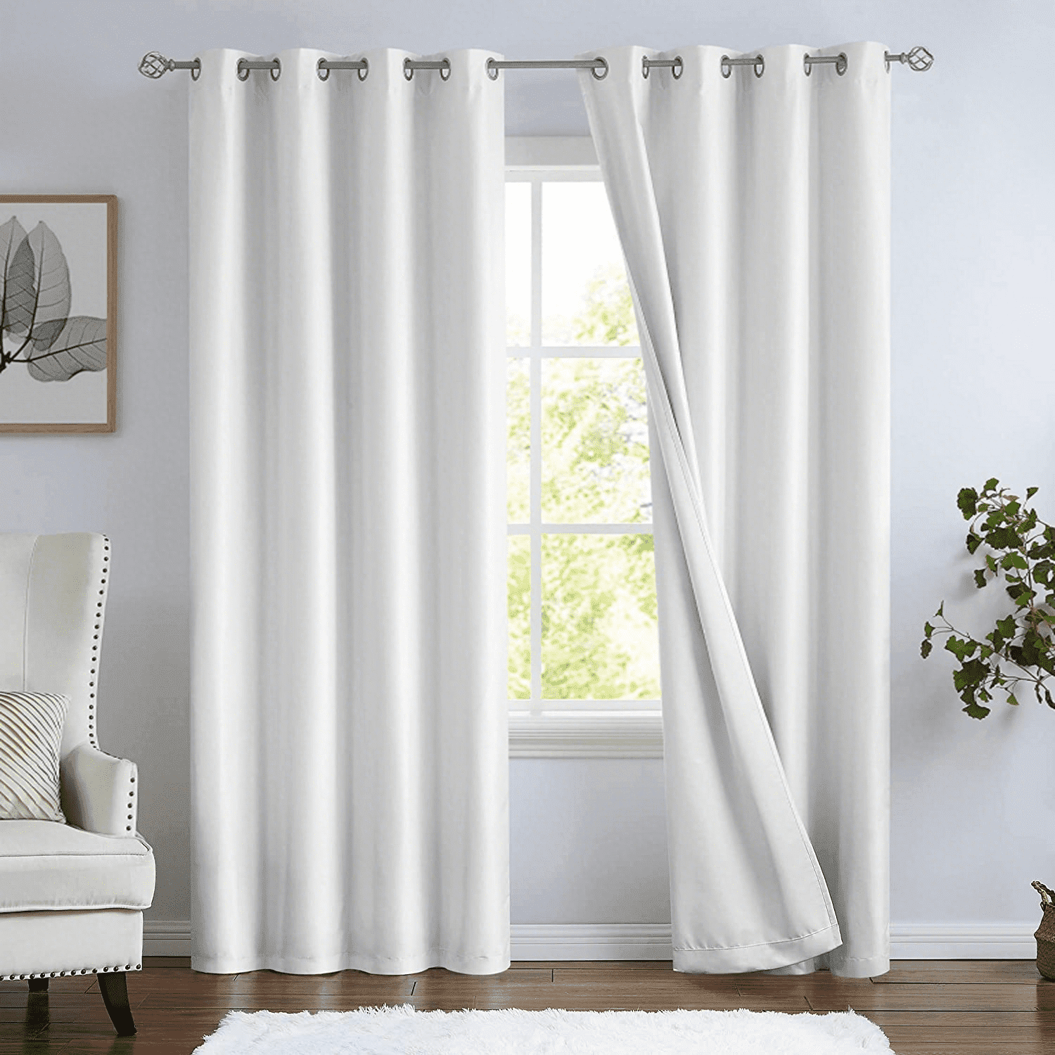 White Full Blackout Window Curtains for Bedroom Noise Reducing Room Darkening Thermal Insulated Drapes Heavy Linen Texture 8 Grommets Top for Living Room with White Liner, 52" x 72", 2 Panels