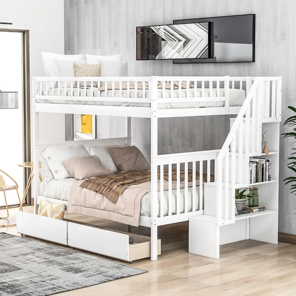 White Full Over Bunk Bed With Storage Drawers - Accommodates 4, Protects Solid And Long-lasting Guardrails, Improves Organization In Two 4 People, Enhanced Reliable Convenient Space Utilization