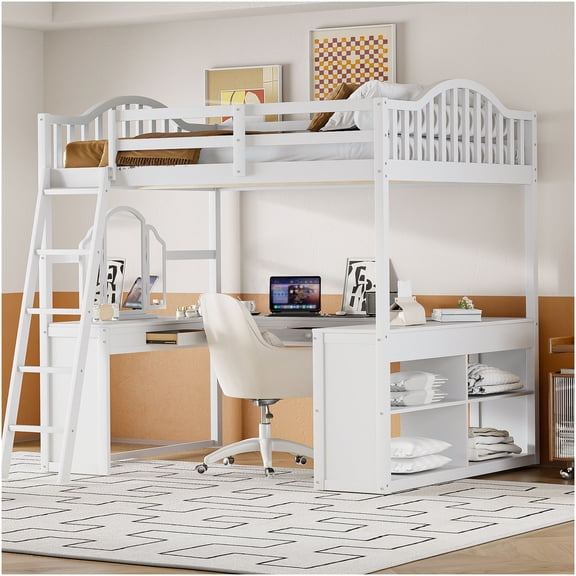 White Full Loft Bed with Built-in Study Desk, Storage & Mirror, Space-Saving Wooden Bunk Bed for Teen & Adult