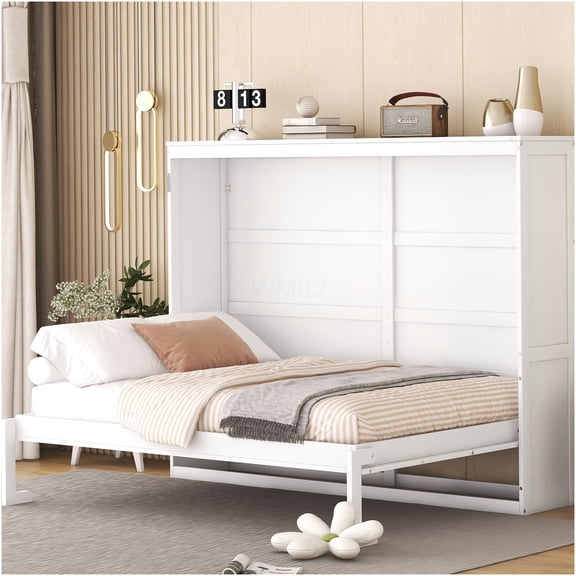 White Full Murphy Bed Cabinet Wall Bed, Space Saving Foldable Bed for Guest Room or Office, Modern Design with Integrated Storage