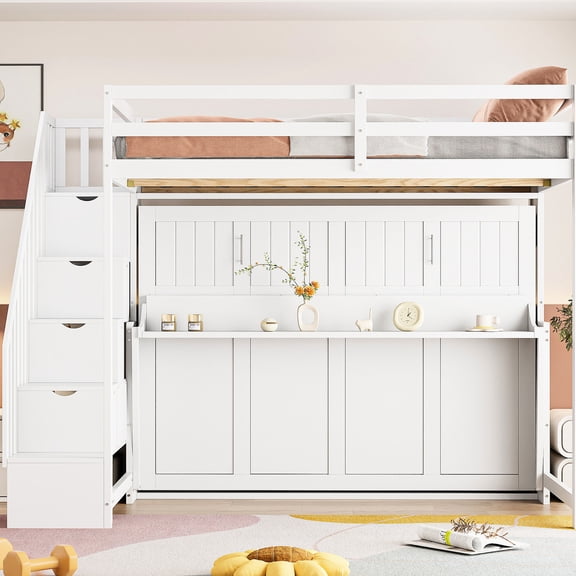 White Full Murphy Bed - Hidden Desk & Staircase Storage - In Small Apartments - Maximizes Space Utility