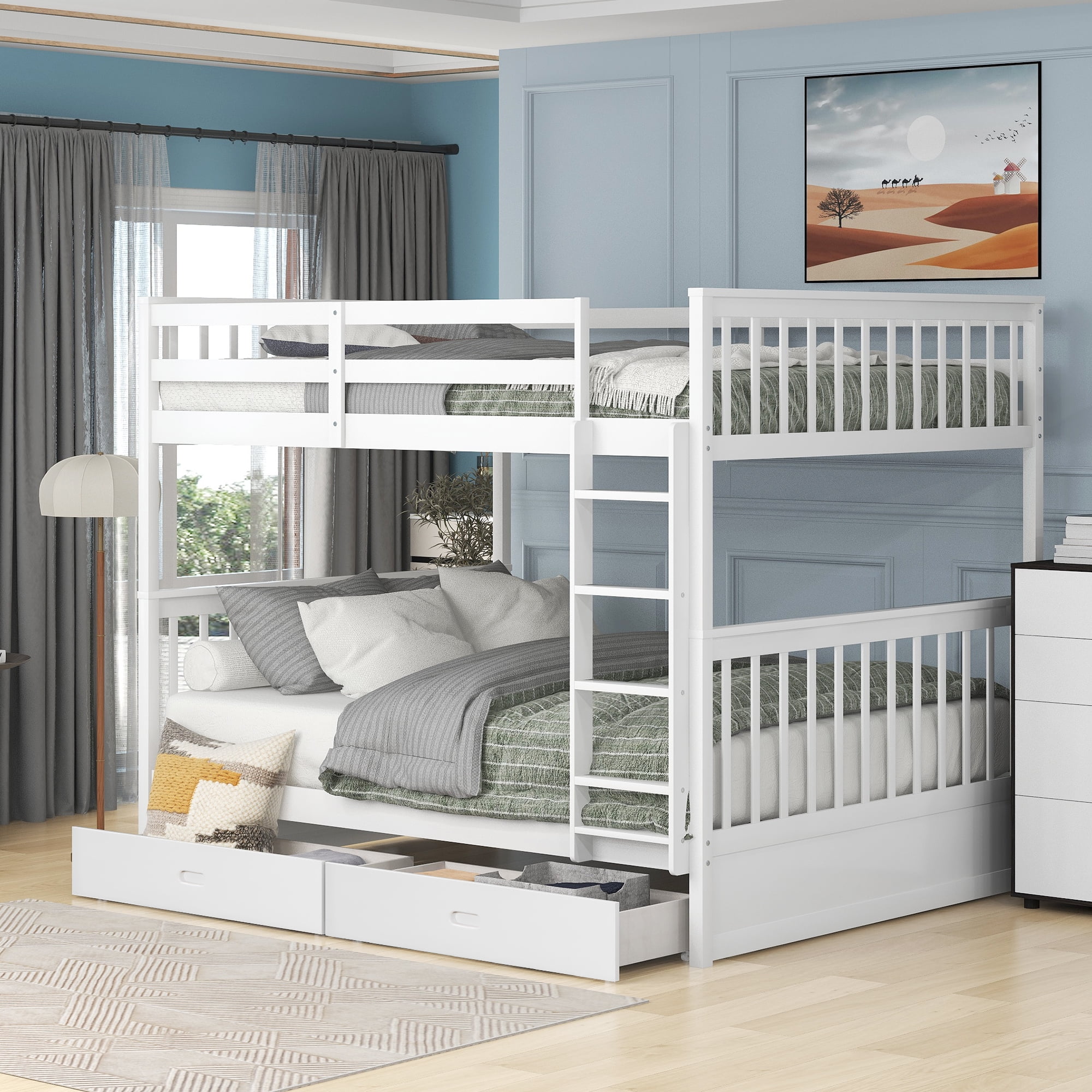 White Full Over Full Bunk Bed with Storage Modern Solid Wood Bunk Bed Frame with Ladder and 2 Drawers Can Be Divided Into 2 Beds Full Size Bunk Bed