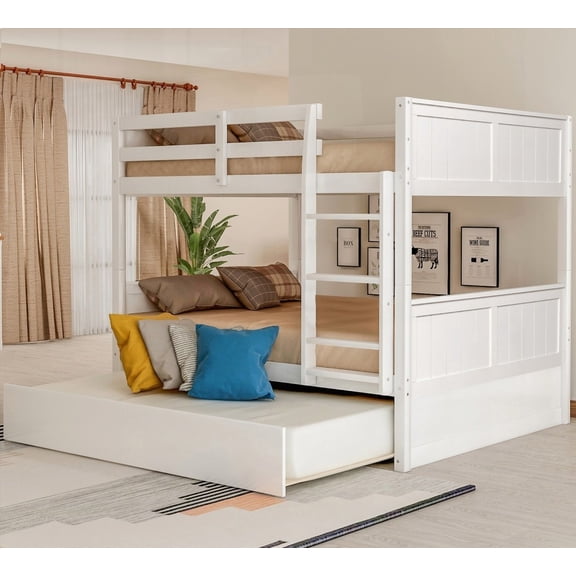 White Full Over Full Bunk Bed Featuring Pullout Trundle & Built-in Safety