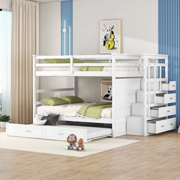 White Full Over Full Bunk Bed having Twin Trundle & Staircase - Organized & Durable