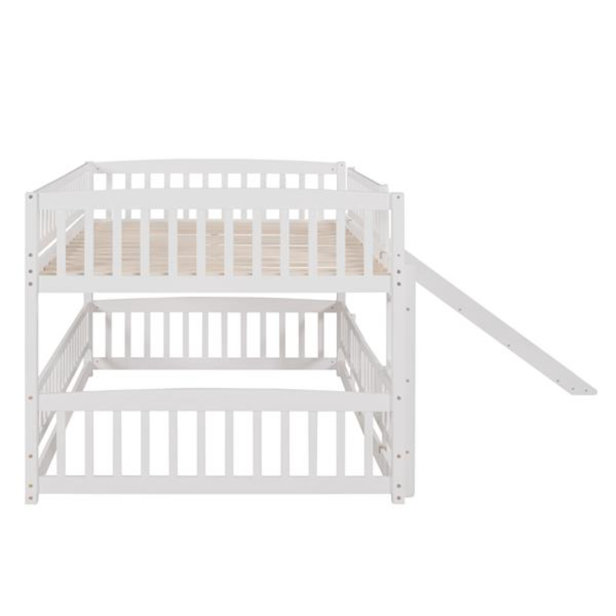 White Full Over Full Low Bunk Bed with Slide Fence and Ladder Perfect