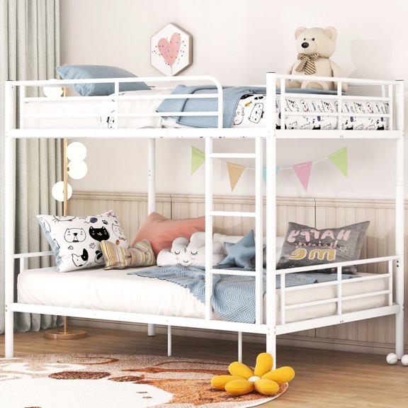 White Full Over Full Metal Bunk Bed / Ideal for Sharing Bedroom