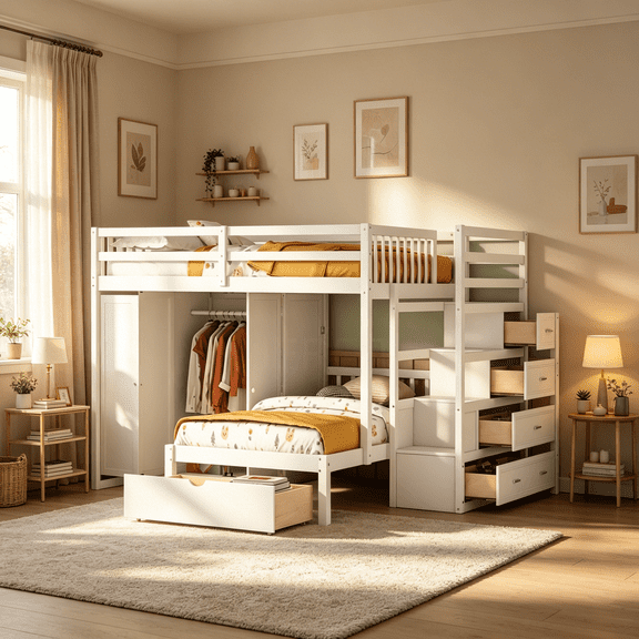 White Full Over Twin Bunk Bed with Storage Wardrobe and Drawers, Space Saving Bedroom Furniture for Shared Rooms and Apartments